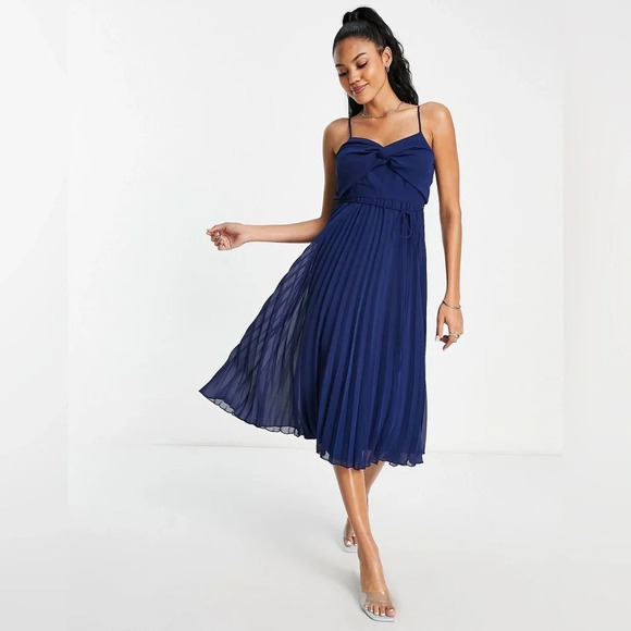 ASOS DESIGN Fuller bust twist front pleated cami midi dress with belt navy SZ 4 - Picture 1 of 11